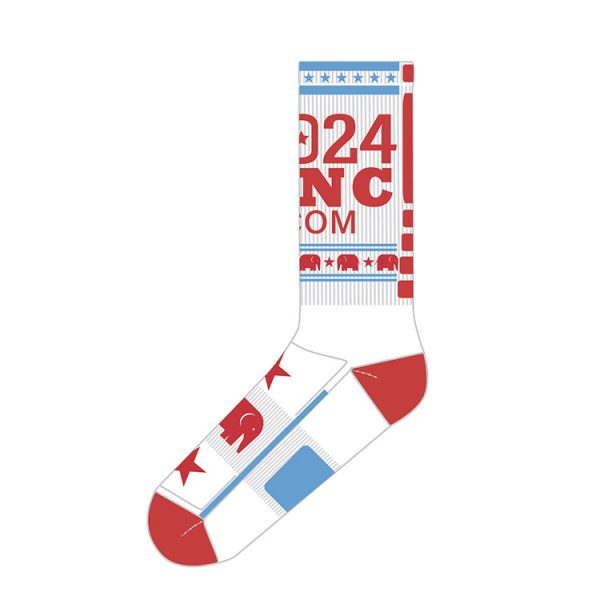 2024 RNC Custom Crew Socks white with red heel and toes, red elephants, red 2024 and red stars and blue accents